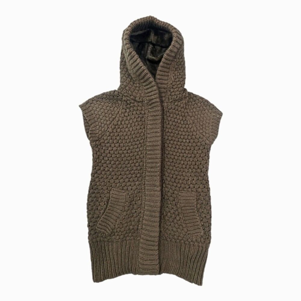 Zara Knitwear Woman Brown Hooded Sweater Vest Faux Fur Pockets Button Front S